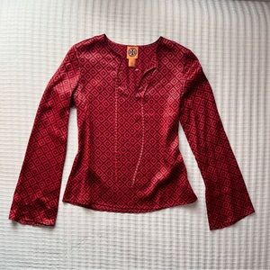 Tory Burch Red & Black Geometric 100% Silk V-Neck Long Sleeve Blouse